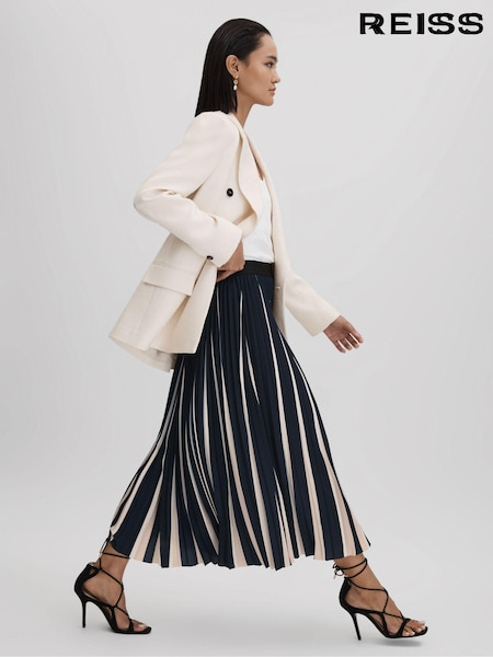 Reiss Navy/Cream Saige Pleated Striped Midi Skirt (Q74766) | € 186