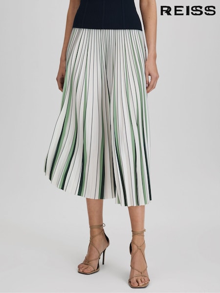Reiss Green/Cream Saige Pleated Striped Midi Skirt (Q74808) | 1,161 QAR