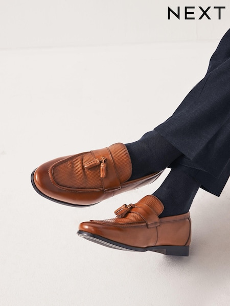 Tan Brown Leather Embossed Tassel Loafers (Q74899) | €65