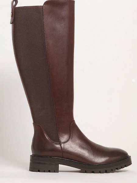 JD Williams Brown Wide Leather High Leg Boots With Back Elastic Detail (Q74908) | €54