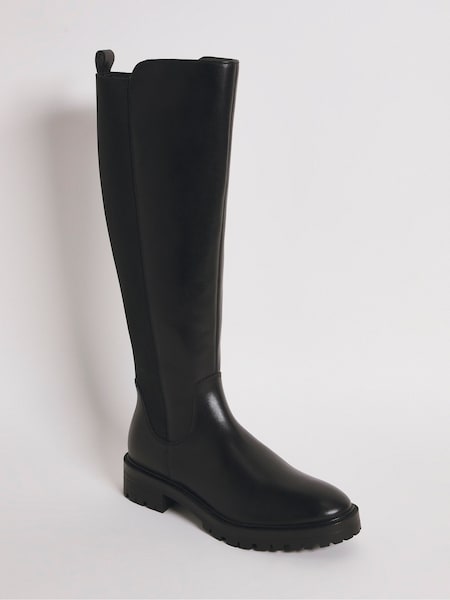 JD Williams Black Wide Leather High Leg Back Boots With Elastic Detail (Q74979) | €54