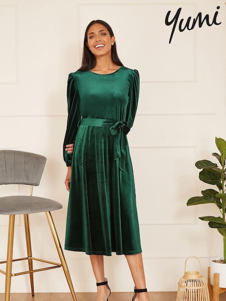 Yumi Velvet Long Sleeve Midi Skater Dress (Q75082) | 208 LEI