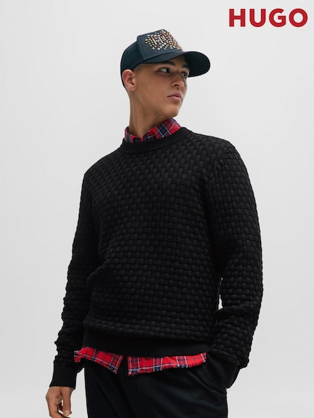 Negru - Pulover HUGO cu textură relaxată 3D tricotat 100% bumbac (Q75083) | 581 LEI