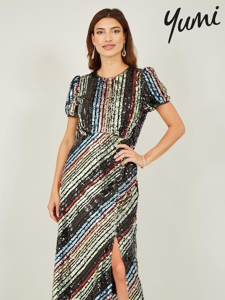 Yumi Natural Rainbow Stripe Sequin Midi Dress (Q75085) | €37