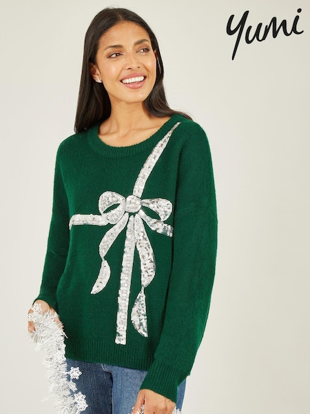 Yumi Green Sequin Bow Knitted Jumper (Q75116) | €77
