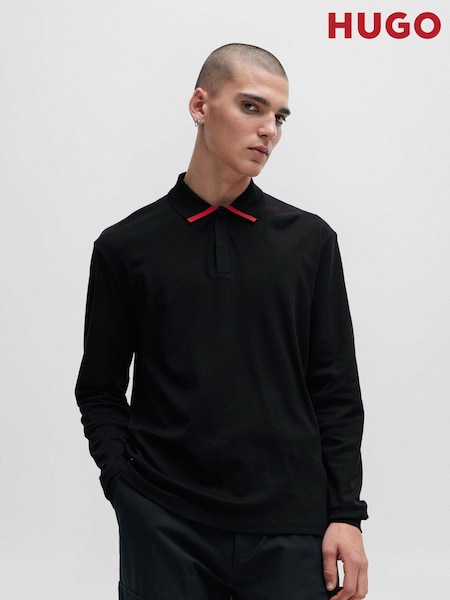 HUGO Black 100% Cotton Piped Collar Long Sleeve Jersey Polo Shirt (Q75140) | €71