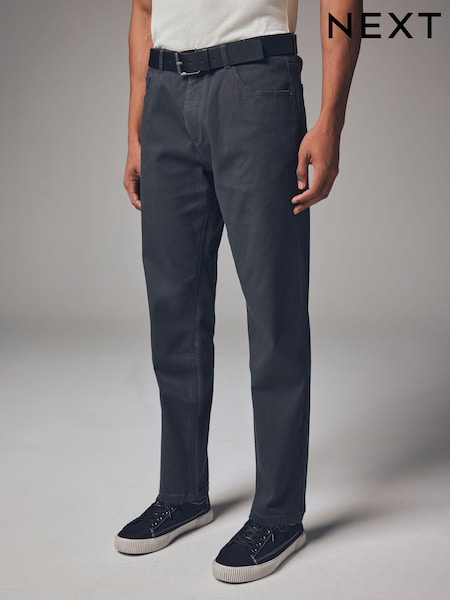 Charcoal Grey Straight Fit Belted Textured 5 Pocket Trousers (Q75150) | R$ 365