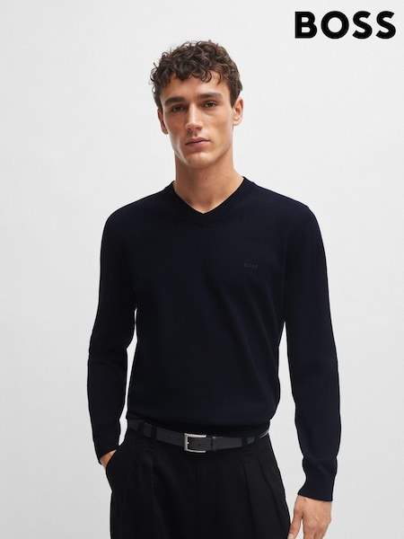BOSS Blue V-Neck Cotton Embroidered Logo 100% Cotton Sweater (Q75153) | €76