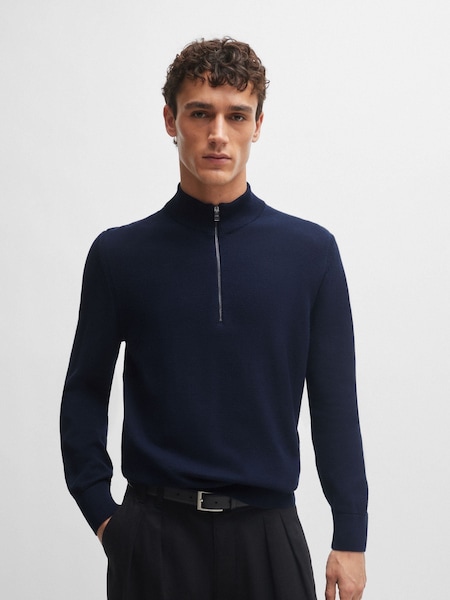 BOSS Dark Blue Quarter Zip Premium Knitted 100% Cotton Jumper (Q75177) | €259
