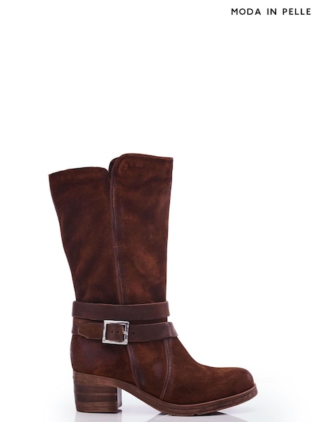Moda in Pelle Brown Brinley Buckle Wrap Mid Calf Boots With Piping Detail (Q75256) | €83