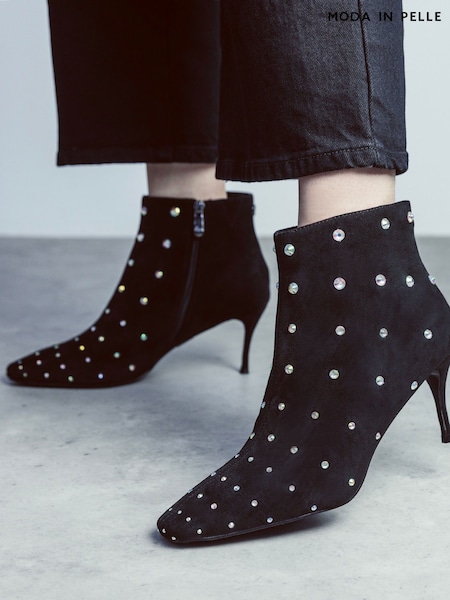 Moda in Pelle Wenoa Sq Toe Kitten Heel Crystal Stone Ankle Black Boots (Q75413) | €66