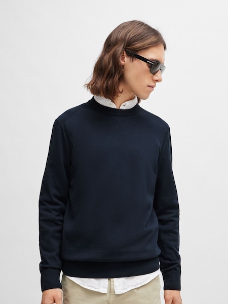 BOSS Navy Crew Neck Embroidered Logo Knitted 100% Cotton Jumper (Q75499) | €76