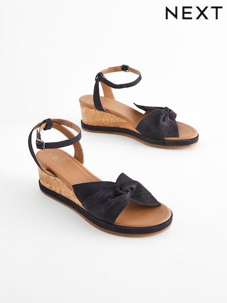 Navy Forever Comfort® Leather Bow Low Wedges (Q75576) | €31