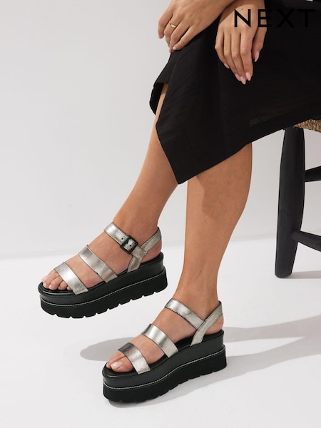 Pewter Forever Comfort® Leather Chunky Flatform Sandals (Q75599) | €24