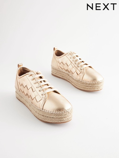 Gold Forever Comfort® Leather Espadrille Flatform Weave Trainers (Q75601) | € 38