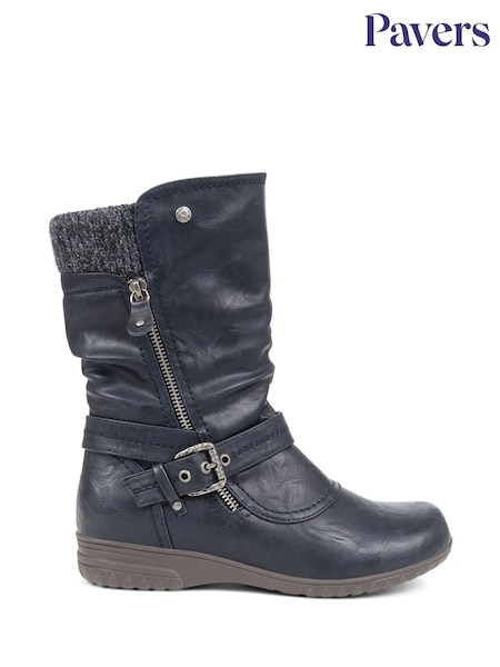 Pavers Blue Knitted Cuff Buckle Slouch Mid-Calf Boots (Q75653) | €64