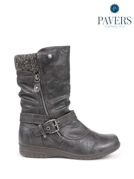 Pavers Grey Knitted Cuff Buckle Slouch Mid-Calf Boots (Q75662) | €60