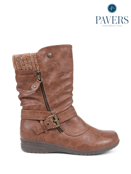 Pavers Brown Knitted Cuff Buckle Slouch Mid-Calf Boots (Q75681) | AED280
