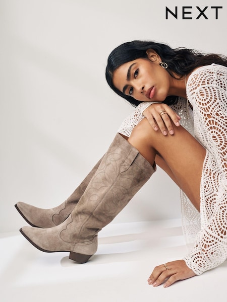Mink Brown Forever Comfort® Stitched Detail Suede To The Knee Western/Cowboy Boots (Q76020) | €48