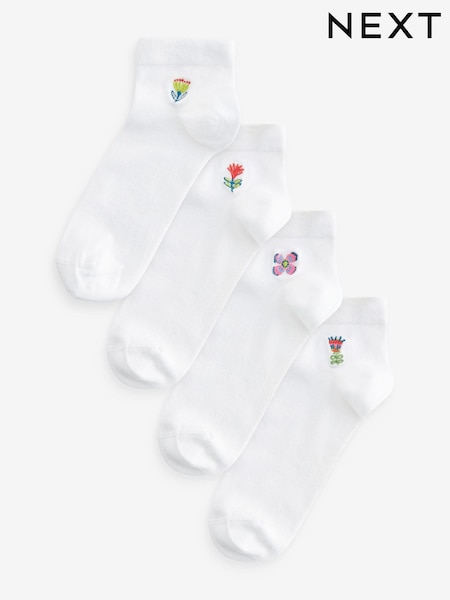 Flower Embroidered Motif White Trainers Socks 4 Pack (Q76145) | €7