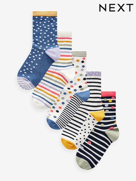 Ecru/Navy Spot Stripe Ankle Socks 5 Pack (Q76162) | AED25