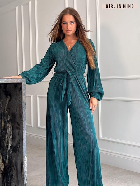 Turcoaz Verde - salopetă petrecute cu mânecă lungă și pliuri Girl In Mind Jennie (Q76223) | 192 LEI
