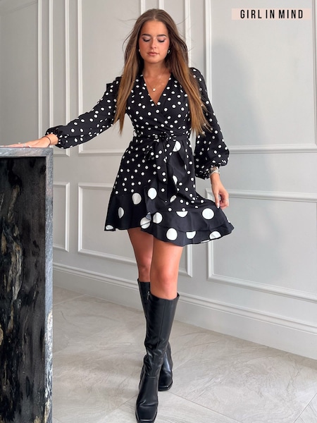 Negru - Rochie mini Girl In Mind Katrina Spot Imprimeuri Mânecă lungă (Q76252) | 161 LEI