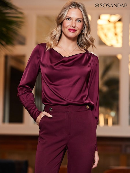 Sosandar Burgundy Red Satin Cowl Neck Top (Q76398) | AED224
