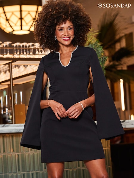 Sosandar Black Cape Sleeve Shift Dress With Diamante Trim (Q76427) | €156