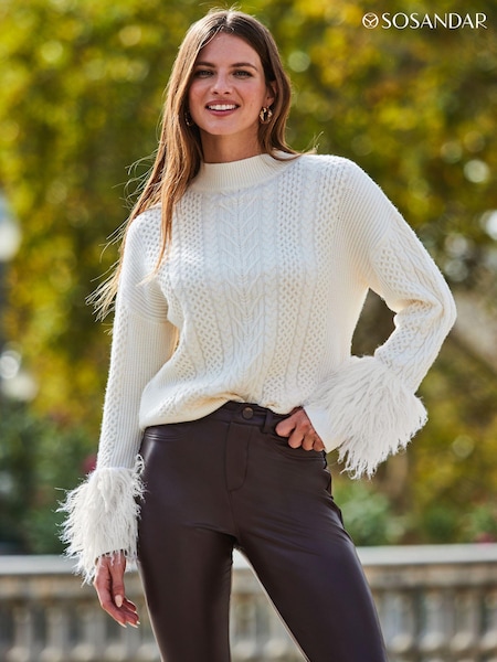 Sosandar Cream Cable Roll Neck Faux Fur Cuff Jumper (Q76433) | €47.50