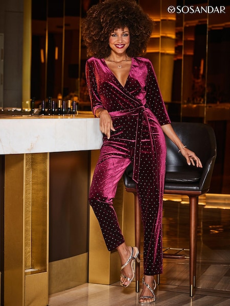 Sosandar Red Velvet Diamante Stud Faux Wrap Jumpsuit (Q76435) | AED288