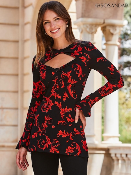 Sosandar Red Baroque Print Keyhole Detail Fluted Cuff Jersey Top (Q76442) | €51