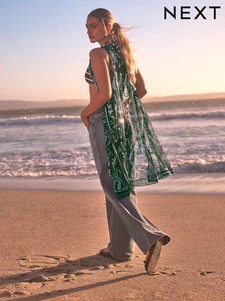 Зеленый хаки - Longline Sequin Waistcoat Cover-Up (Q76535) | €19