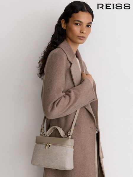 Neutral - Reiss Ines Leather And Woven Vanity Crossbody Bag