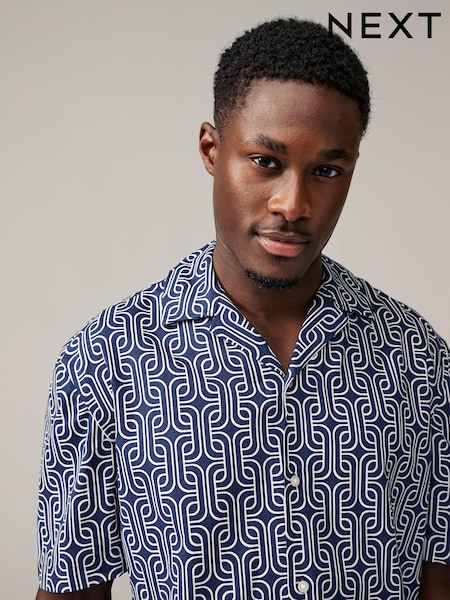 Navy Blue Linen Blend Printed Short Sleeve Shirt (Q76678) | AED70