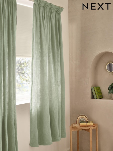 Sage Green 100% Cotton Crinkle Pencil Pleat Curtains (Q76693) | OMR7 - OMR15