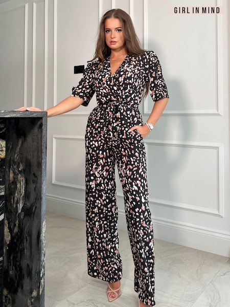 Girl In Mind Black Pink Spot Fizz Puff Sleeve Wide Leg Jumpsuit (Q76742) | €27