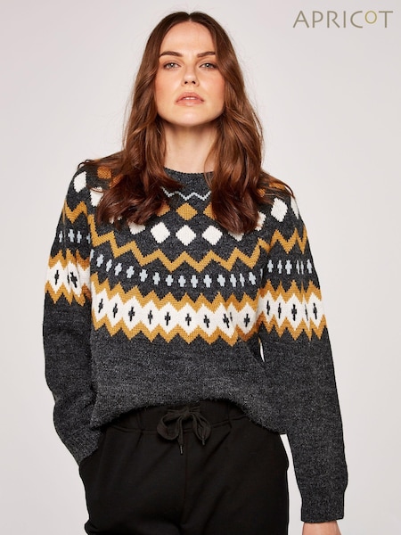 Apricot Grey Fairisle Pattern Neckline Wide Neck Jumper (Q76828) | €47