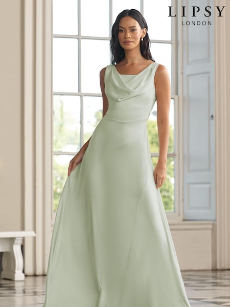 Lipsy Sage Green Petite Cowl Front Satin Maxi Bridesmaid Dress (Q76927) | €28