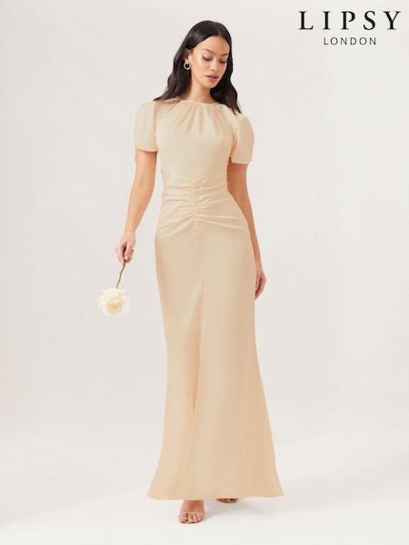 Lipsy Cream Short Sleeve Ruched Front Split Bridesmaid Dress (Q77004) | €25