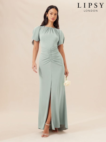 Lipsy Sage Green Short Sleeve Ruched Front Split Bridesmaid Dress (Q77019) | €26