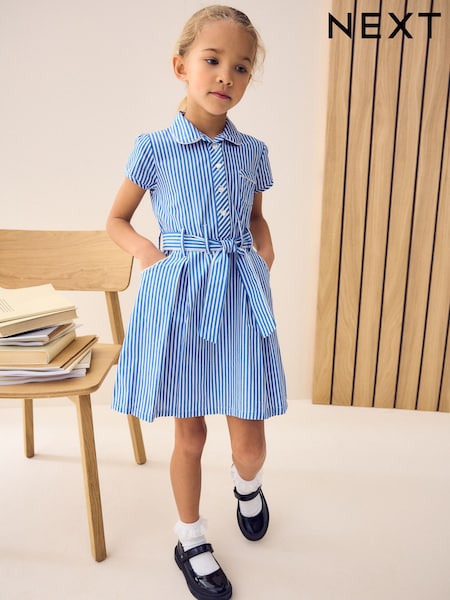 Blue Stripe Rich Belted School Dress With Scrunchie (3-14yrs) (Q77069) | €14 - €18