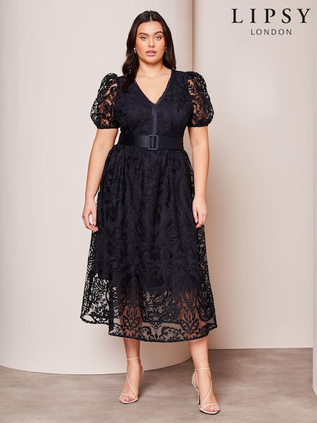 Lipsy Navy Blue Curve Premium Lace Embroidered Puff Sleeve Belted Midi Dress (Q77090) | € 109