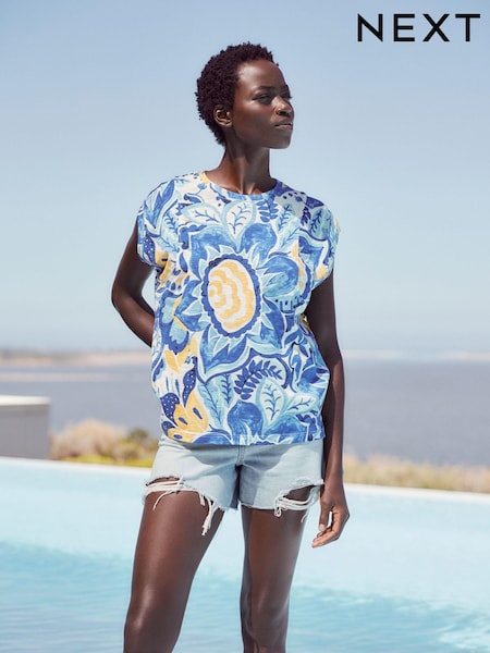 Blue Floral Crew Neck Linen Look Slub Jersey Cap Sleeve Printed T-Shirt (Q77099) | €10