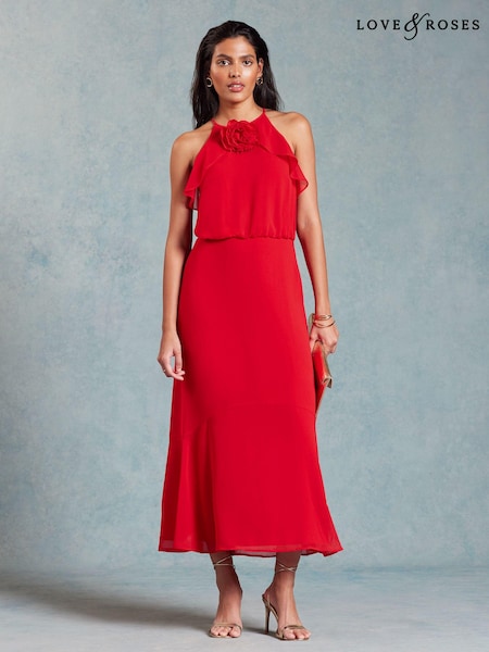 Love & Roses Halterneck Corsage Detail Midi Dress (Q77398) | €20