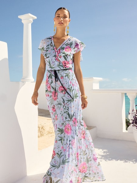 V&A | Love & Roses Printed Pleated Contrast Tipping Maxi Dress (Q77406) | 283 LEI