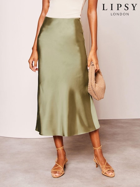 Verde kaki - Fustă midi Lipsy din satin cu croi pe bie (Q77461) | 121 LEI