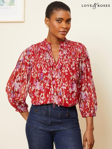 Love & Roses Red Floral Metallic Printed Shirred Yoke 3/4 Sleeve Blouse (Q77496) | €12.50