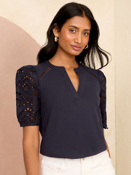 Bleumarin albastru - Love & Roses brodate Mânecă scurtă Guler în V Jerseu top (Q77520) | 100 LEI
