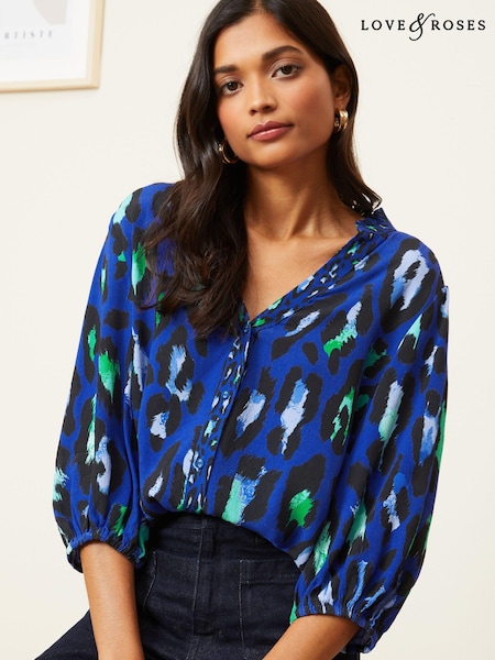 Albastru - <span translate="no">Love & Roses</span> Volănașe V Decol 3/4 Sleeve Cu nasturi Bluse (Q77526) | 150 LEI